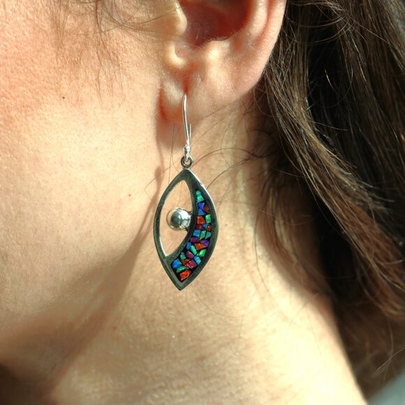 Rainbow Tear Drop Statement Earrings - Lab Grown Opal Sterling Silver for her - Picture 3 of 7